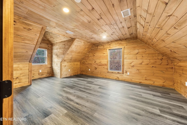 additional living space with dark hardwood / wood-style floors, wood walls, wood ceiling, and vaulted ceiling