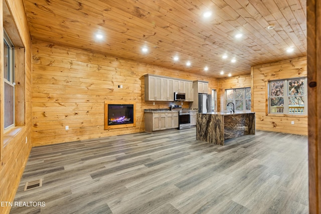 kitchen featuring wood-type flooring, stainless steel appliances, wood walls, and an island with sink