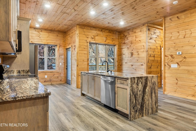 kitchen with wooden walls, light hardwood / wood-style flooring, stone counters, wooden ceiling, and dishwasher