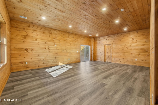 spare room featuring dark hardwood / wood-style flooring, wooden ceiling, and wood walls