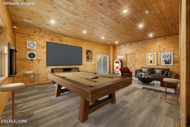 playroom featuring recessed lighting, pool table, wooden ceiling, and wood finished floors