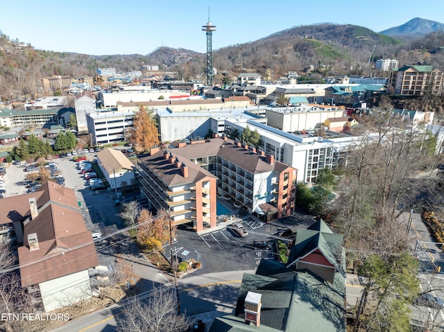 drone / aerial view featuring a mountain view