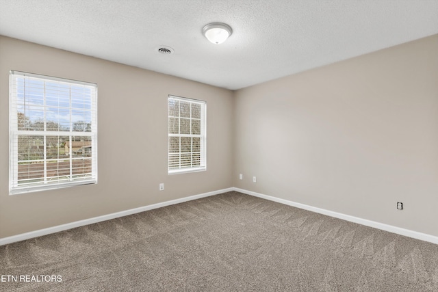 carpeted empty room featuring a textured ceiling