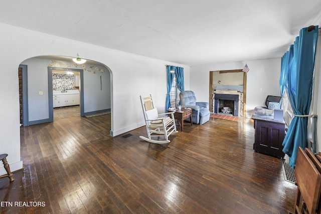 living room with a fireplace and dark hardwood / wood-style floors