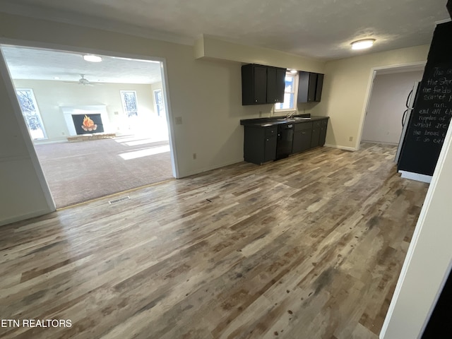 unfurnished living room featuring wood-type flooring, a textured ceiling, ceiling fan, and sink