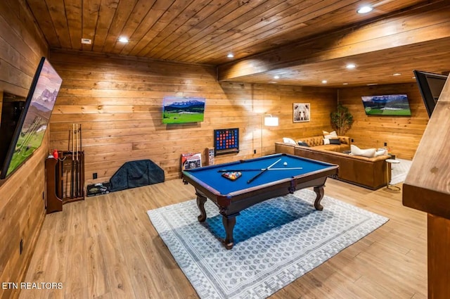 playroom featuring wood walls, billiards, wooden ceiling, and light wood-type flooring