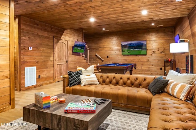 playroom with wooden walls, light hardwood / wood-style floors, wooden ceiling, and pool table