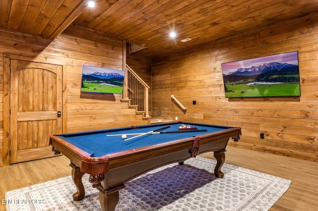 game room featuring wood-type flooring, billiards, wood ceiling, and wood walls