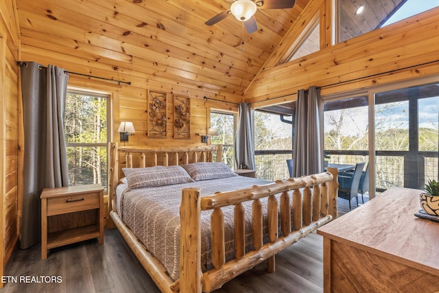 bedroom with wood ceiling, wood walls, ceiling fan, high vaulted ceiling, and dark hardwood / wood-style floors