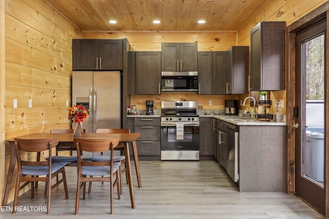 kitchen featuring appliances with stainless steel finishes, wood ceiling, wooden walls, and dark brown cabinetry