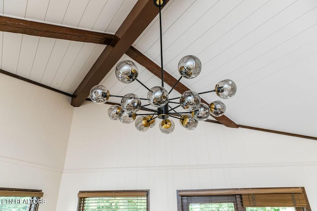 room details featuring beam ceiling and wooden walls