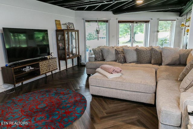 living room with dark parquet flooring