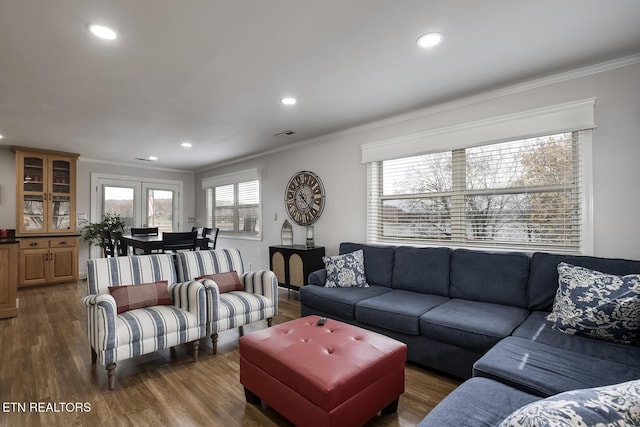 living room featuring ornamental molding and dark hardwood / wood-style flooring