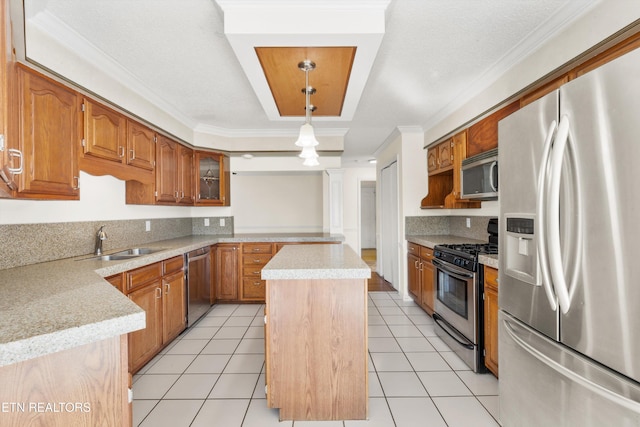 kitchen featuring pendant lighting, a center island, stainless steel appliances, light tile patterned floors, and sink