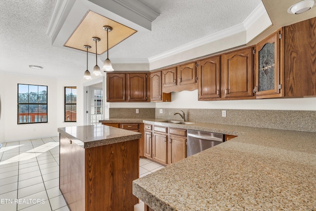 kitchen with sink, a center island, light tile patterned flooring, stainless steel dishwasher, and hanging light fixtures