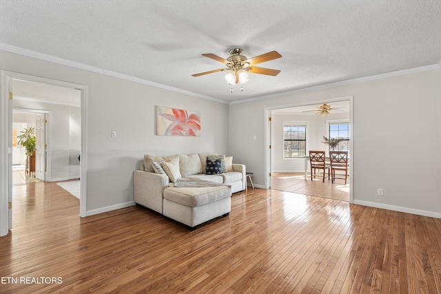 living room featuring wood-type flooring, a textured ceiling, ceiling fan, and ornamental molding