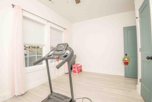 exercise area featuring light hardwood / wood-style floors and ceiling fan