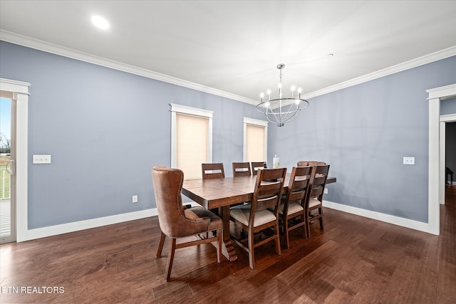 dining area featuring a chandelier, crown molding, and dark wood-type flooring