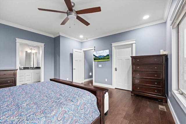 bedroom featuring connected bathroom, crown molding, ceiling fan, and dark wood-type flooring