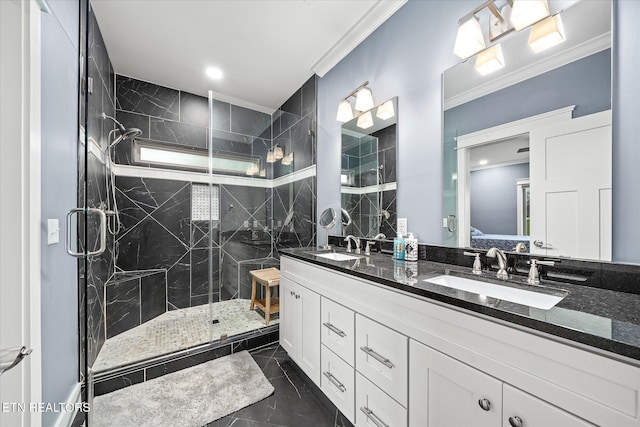 bathroom featuring tile patterned flooring, vanity, a shower with shower door, and ornamental molding