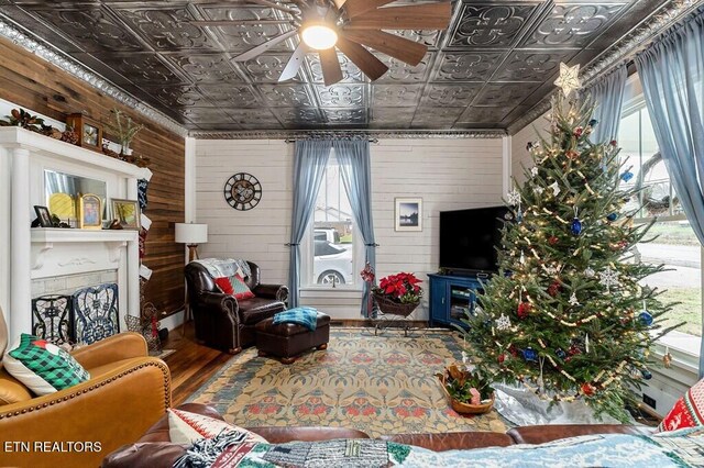 206 E Cedar Street 206E Cedar St E Cedar St, Livingston, TN 38570 - living room with hardwood / wood-style flooring, ceiling fan, and wood walls