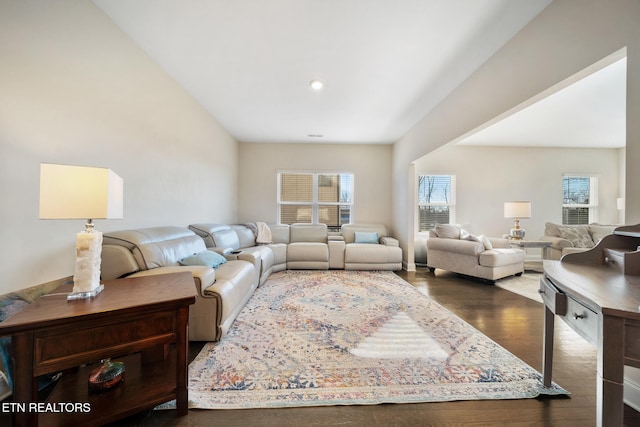 living room with dark hardwood / wood-style floors