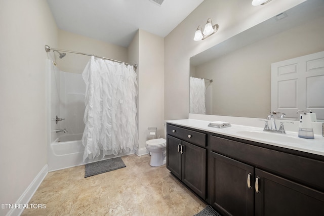 full bathroom with toilet, shower / tub combo, and vanity