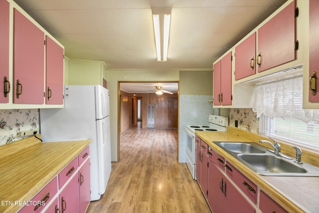 kitchen with white appliances, ceiling fan, crown molding, sink, and light hardwood / wood-style floors