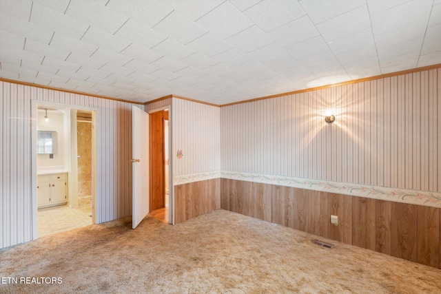 unfurnished room with crown molding and carpet