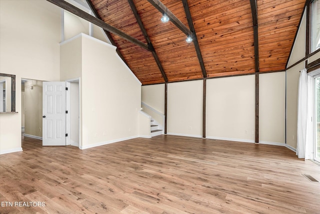 additional living space with light hardwood / wood-style floors, beam ceiling, wooden ceiling, and high vaulted ceiling