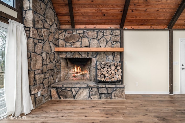 interior details featuring beam ceiling, a fireplace, wood ceiling, and hardwood / wood-style flooring