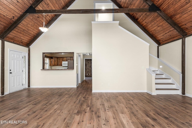 unfurnished living room with beamed ceiling, dark hardwood / wood-style floors, wood ceiling, and high vaulted ceiling