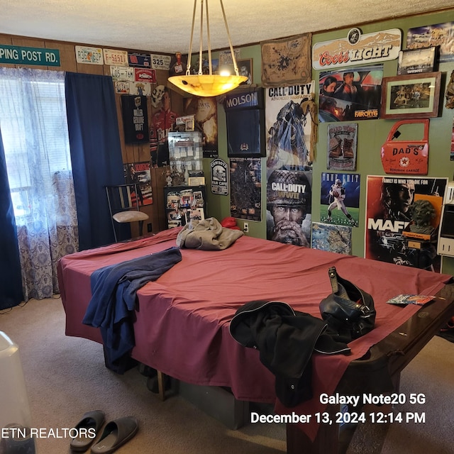 bedroom featuring carpet floors and a textured ceiling