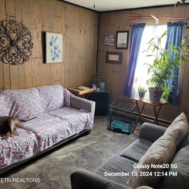 living room featuring wooden walls