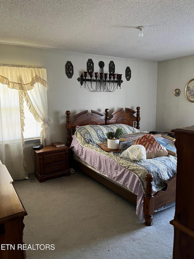 bedroom with carpet flooring and a textured ceiling