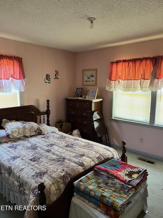 bedroom featuring carpet flooring, multiple windows, and a textured ceiling