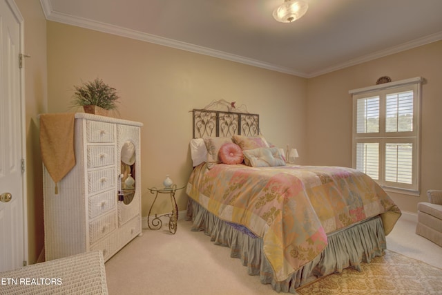 carpeted bedroom with crown molding