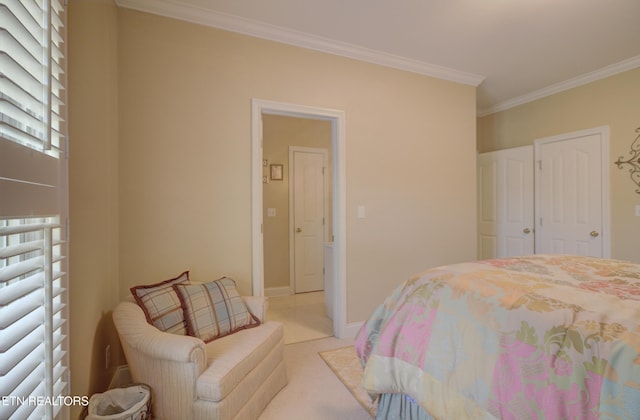 carpeted bedroom featuring ornamental molding