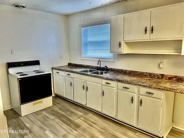 kitchen with electric range, sink, and light hardwood / wood-style floors