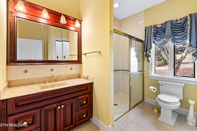 bathroom with backsplash, an enclosed shower, vanity, tile patterned flooring, and toilet