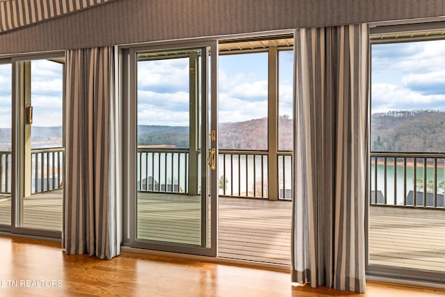 doorway to outside with light hardwood / wood-style flooring and a water and mountain view