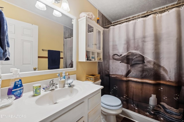 bathroom featuring vanity, toilet, and a textured ceiling