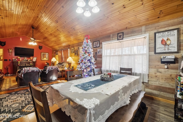 dining space with wooden ceiling, ceiling fan, lofted ceiling, and wood walls