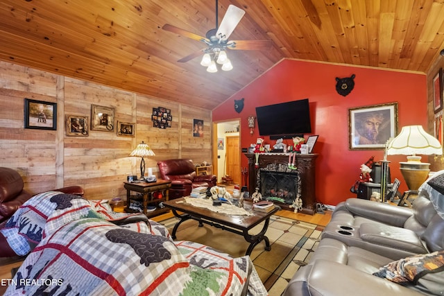 living room featuring wood-type flooring, wooden ceiling, lofted ceiling, and wood walls