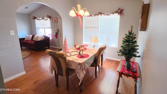 dining space featuring a notable chandelier, wood-type flooring, and a wealth of natural light