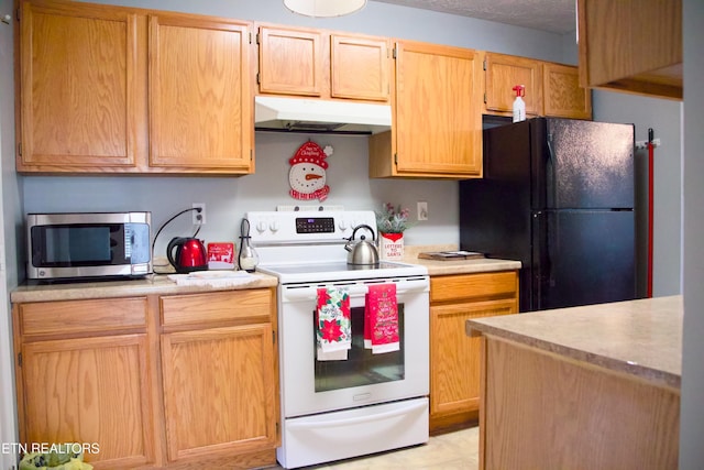 kitchen featuring white range with electric cooktop and black refrigerator