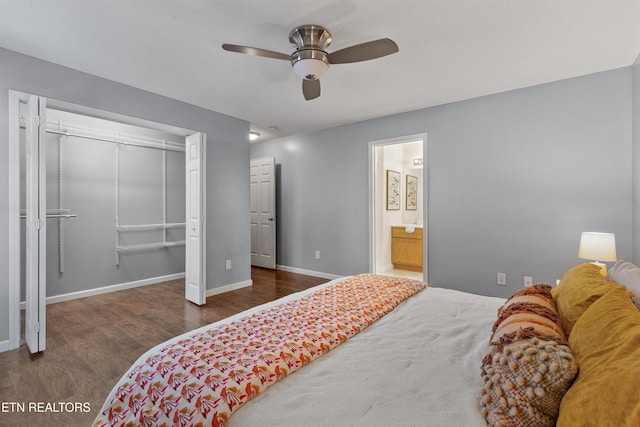 bedroom with ceiling fan, a closet, and dark hardwood / wood-style flooring