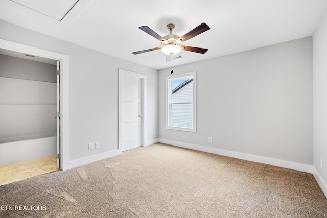 unfurnished bedroom featuring carpet flooring and ceiling fan