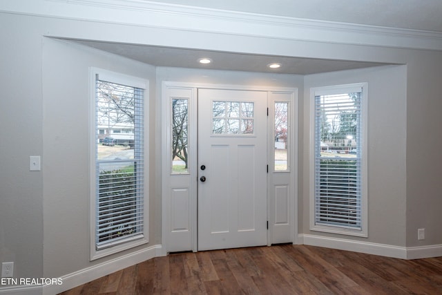 entrance foyer with a healthy amount of sunlight, dark hardwood / wood-style floors, and ornamental molding