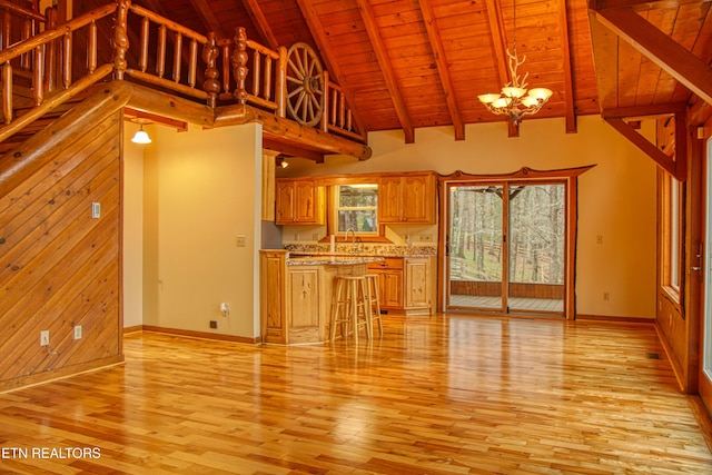 unfurnished living room featuring high vaulted ceiling, an inviting chandelier, wooden walls, beam ceiling, and wood ceiling